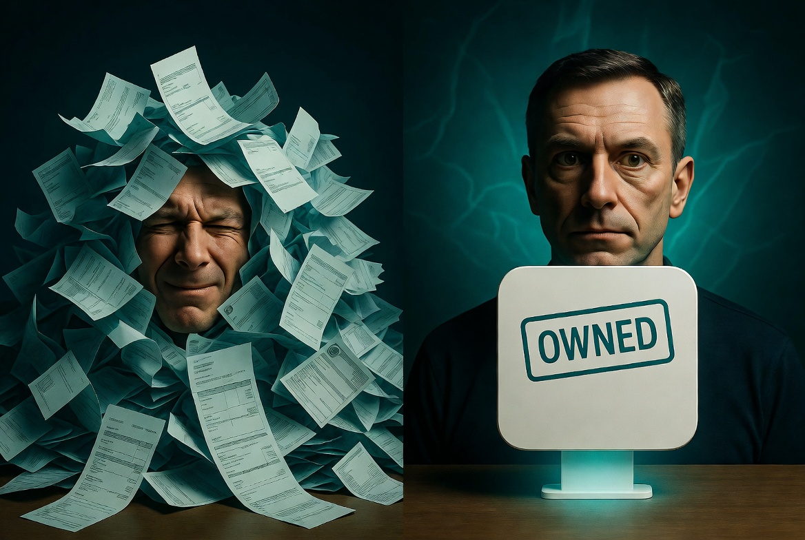 Left: person buried in invoices. Right: calm ownership of a node stamped OWNED