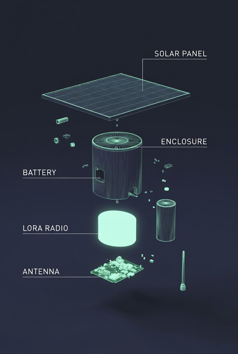 Exploded diagram of solar mesh node components