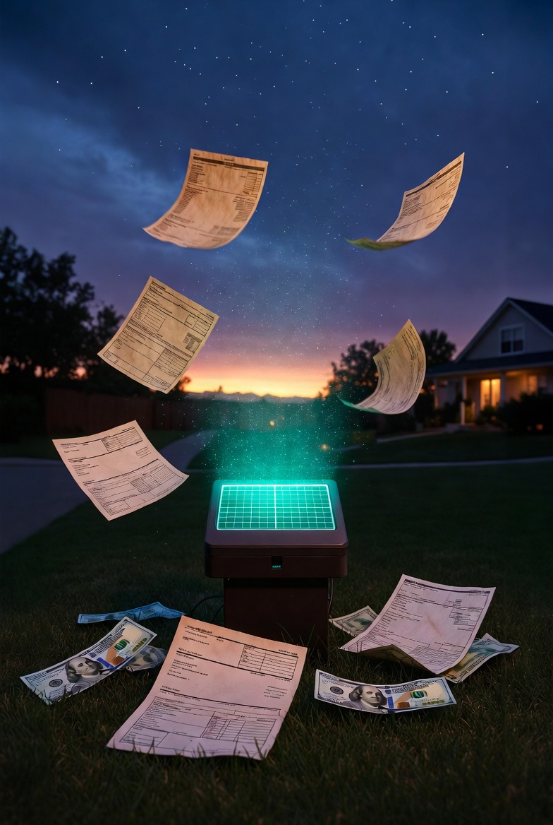 Solar mesh node glowing at dusk while invoices float away